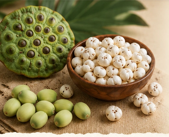 Lotus pod, green lotus seeds and makhana in a wooden bowl